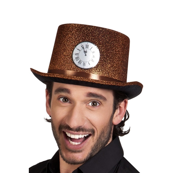 Hoge hoed koper glitter met klok
